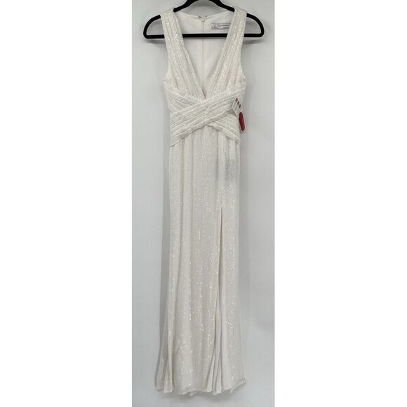 NWT Mac DUGGAL 26598 White Sequin‎ Sheath High Leg Slit Fitted Gown Dress Size 0